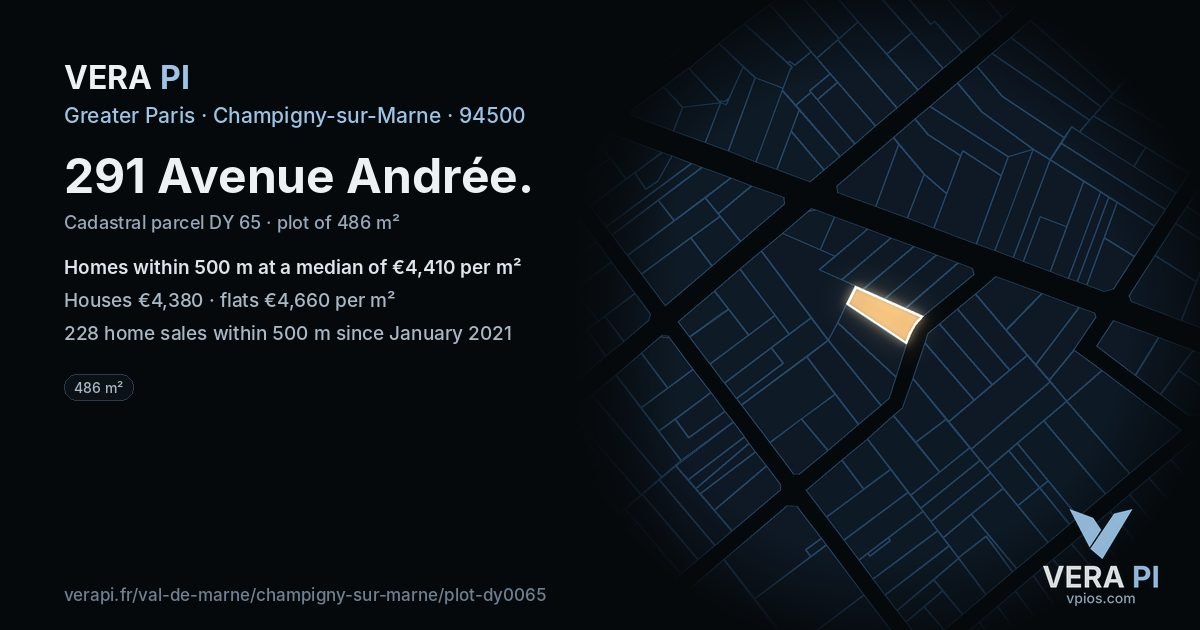 291 Avenue Andrée, Champigny-sur-Marne at night – the plot lit, the parcels around coloured by the prices near them