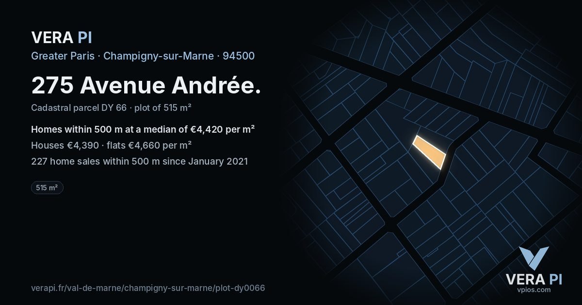275 Avenue Andrée, Champigny-sur-Marne at night – the plot lit, the parcels around coloured by the prices near them