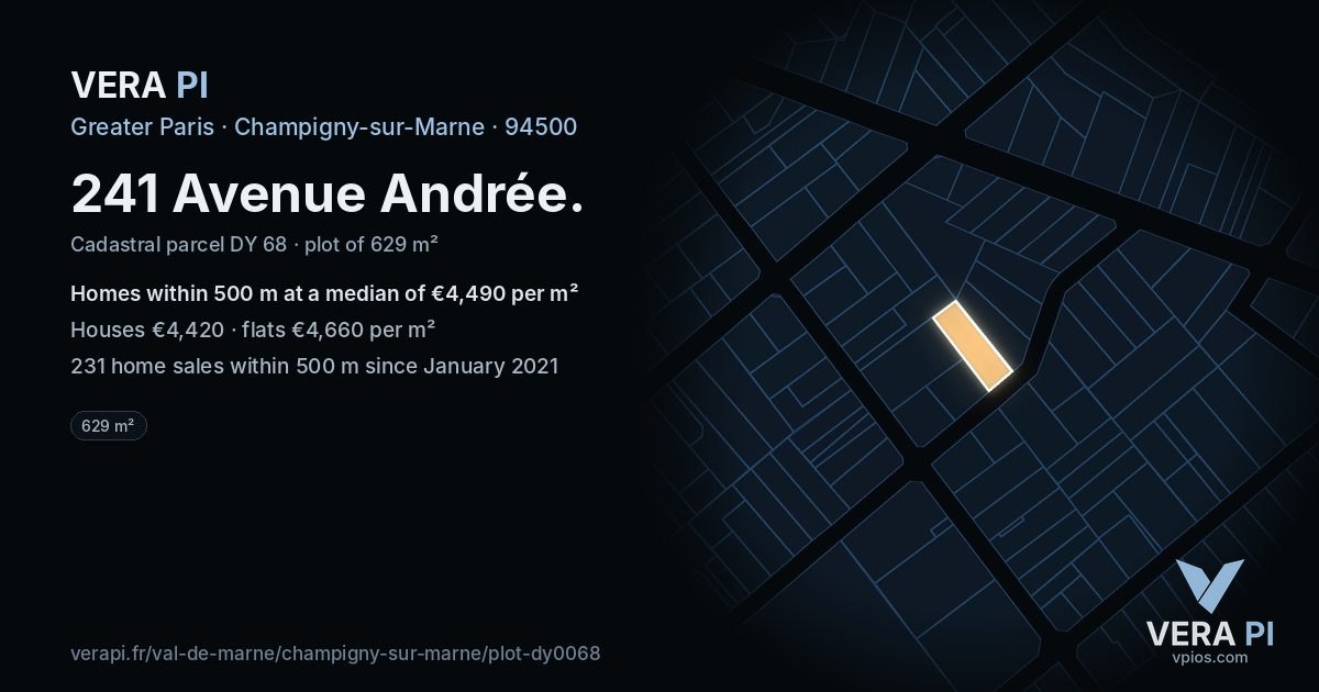 241 Avenue Andrée, Champigny-sur-Marne at night – the plot lit, the parcels around coloured by the prices near them