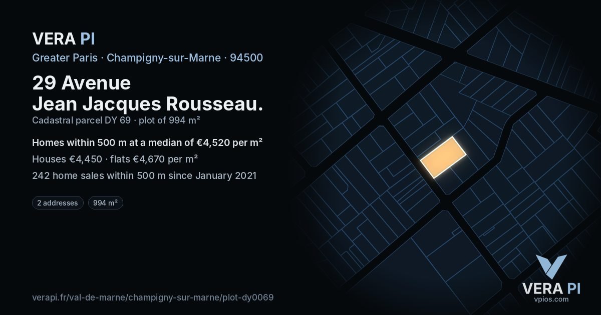 29 Avenue Jean Jacques Rousseau, Champigny-sur-Marne at night – the plot lit, the parcels around coloured by the prices near them