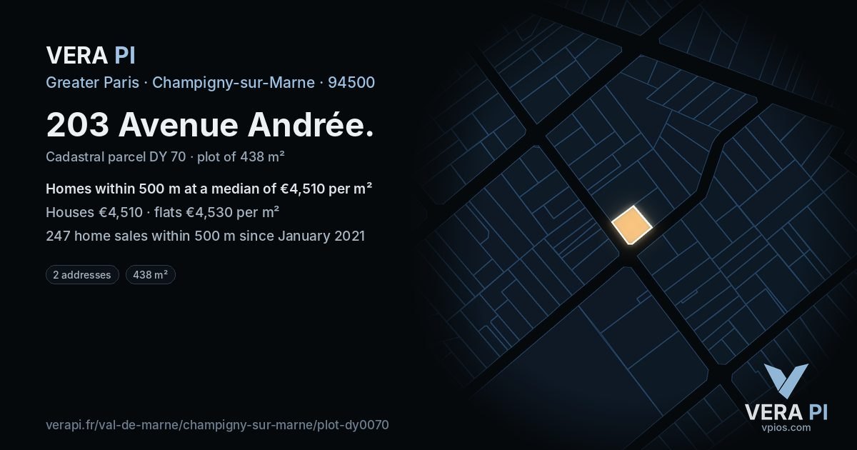203 Avenue Andrée, Champigny-sur-Marne at night – the plot lit, the parcels around coloured by the prices near them