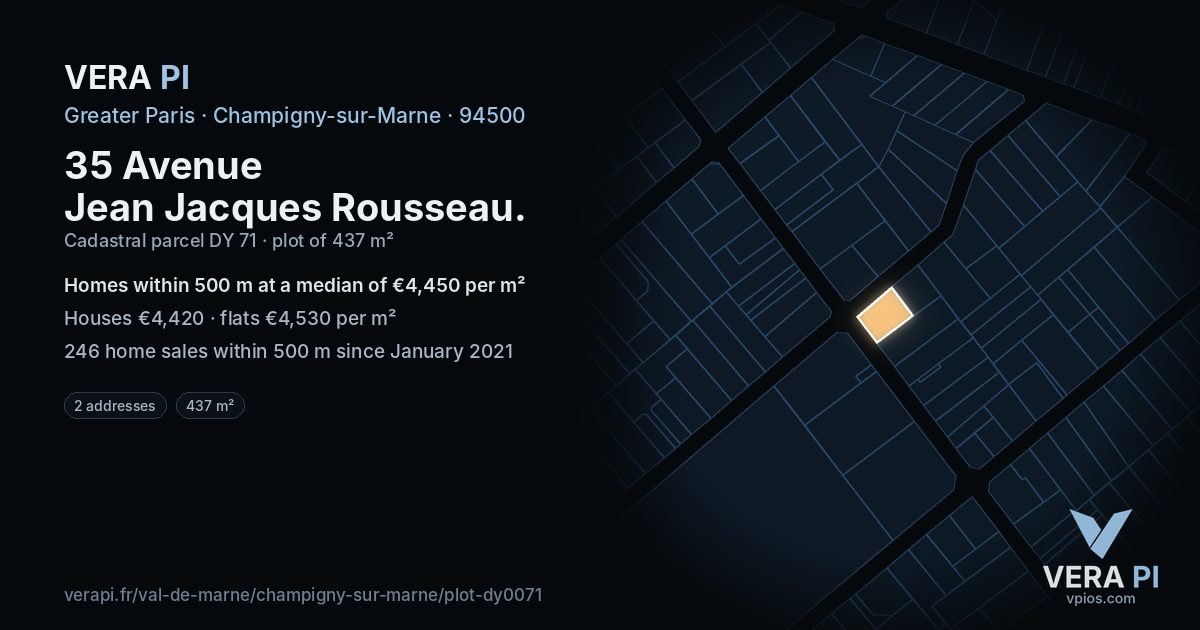 35 Avenue Jean Jacques Rousseau, Champigny-sur-Marne at night – the plot lit, the parcels around coloured by the prices near them