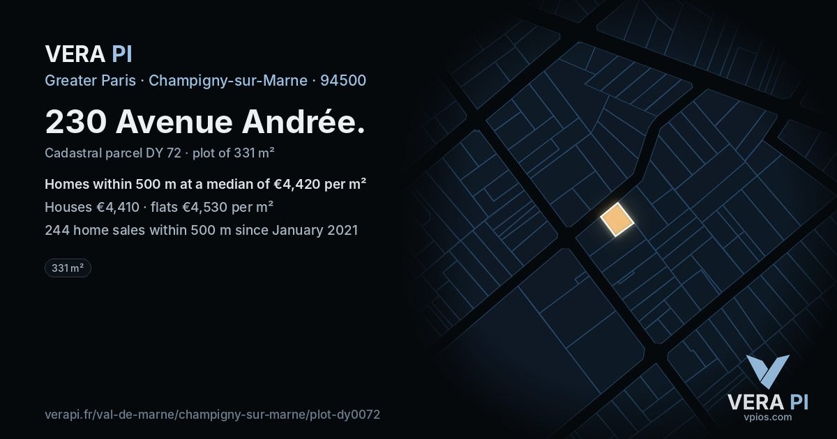 230 Avenue Andrée, Champigny-sur-Marne at night – the plot lit, the parcels around coloured by the prices near them