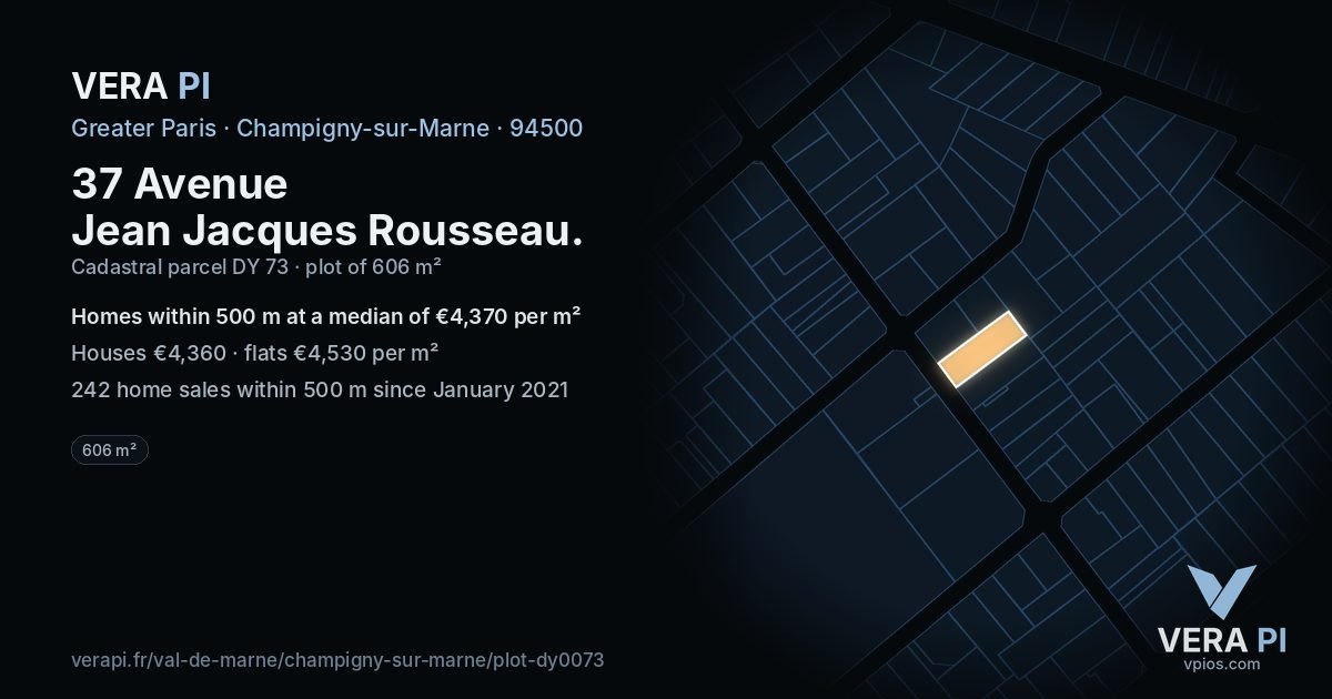 37 Avenue Jean Jacques Rousseau, Champigny-sur-Marne at night – the plot lit, the parcels around coloured by the prices near them