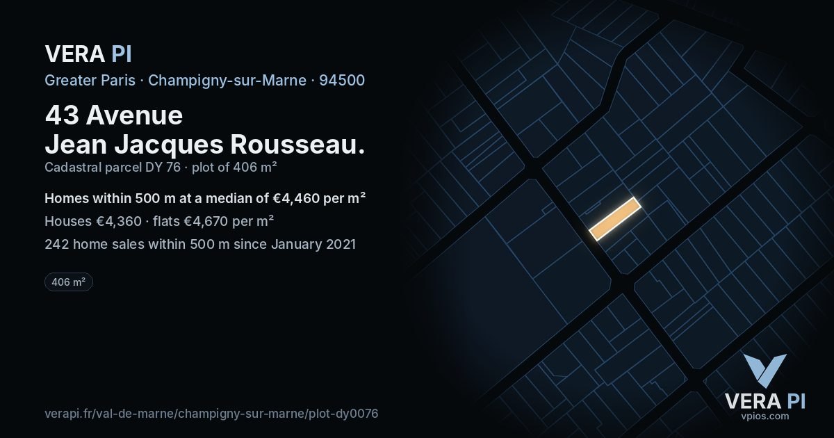 43 Avenue Jean Jacques Rousseau, Champigny-sur-Marne at night – the plot lit, the parcels around coloured by the prices near them