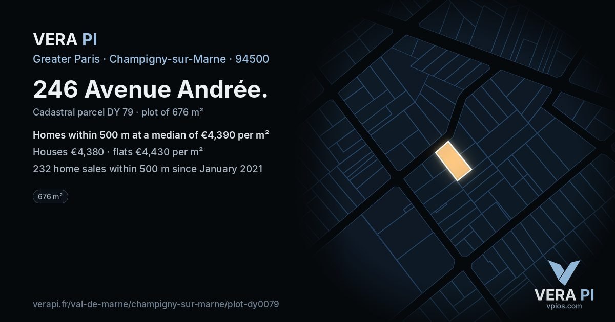 246 Avenue Andrée, Champigny-sur-Marne at night – the plot lit, the parcels around coloured by the prices near them