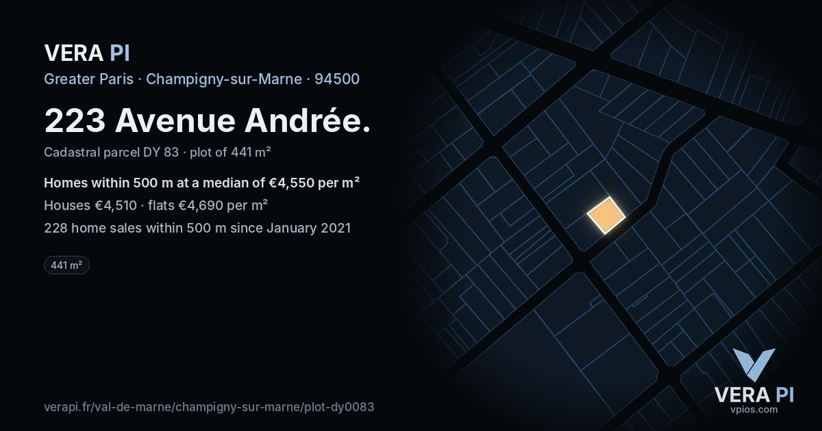 223 Avenue Andrée, Champigny-sur-Marne at night – the plot lit, the parcels around coloured by the prices near them