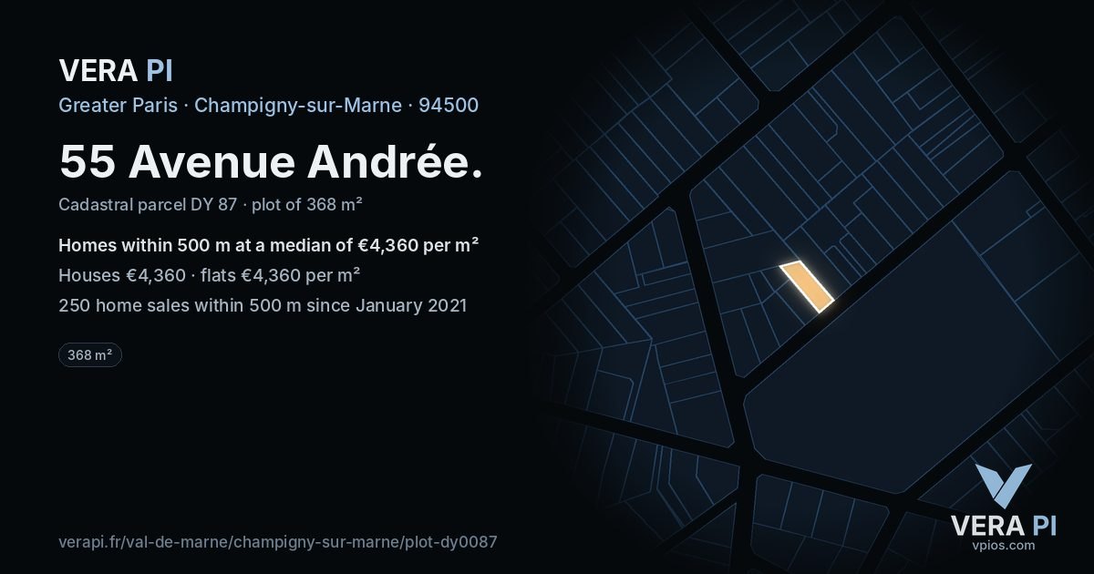 55 Avenue Andrée, Champigny-sur-Marne at night – the plot lit, the parcels around coloured by the prices near them