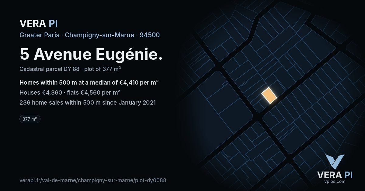 5 Avenue Eugénie, Champigny-sur-Marne at night – the plot lit, the parcels around coloured by the prices near them