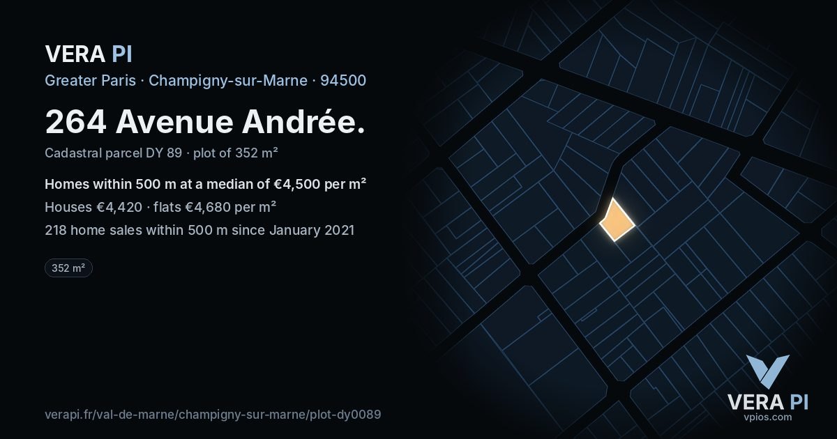 264 Avenue Andrée, Champigny-sur-Marne at night – the plot lit, the parcels around coloured by the prices near them