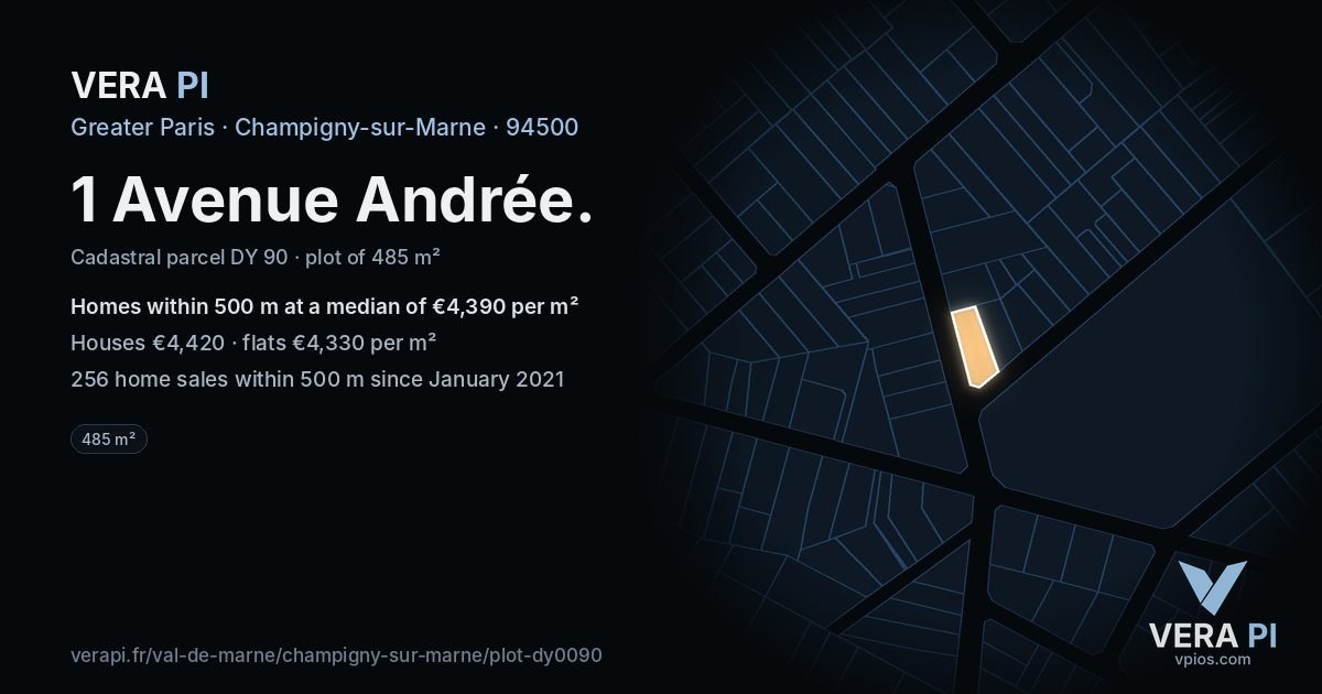 1 Avenue Andrée, Champigny-sur-Marne at night – the plot lit, the parcels around coloured by the prices near them