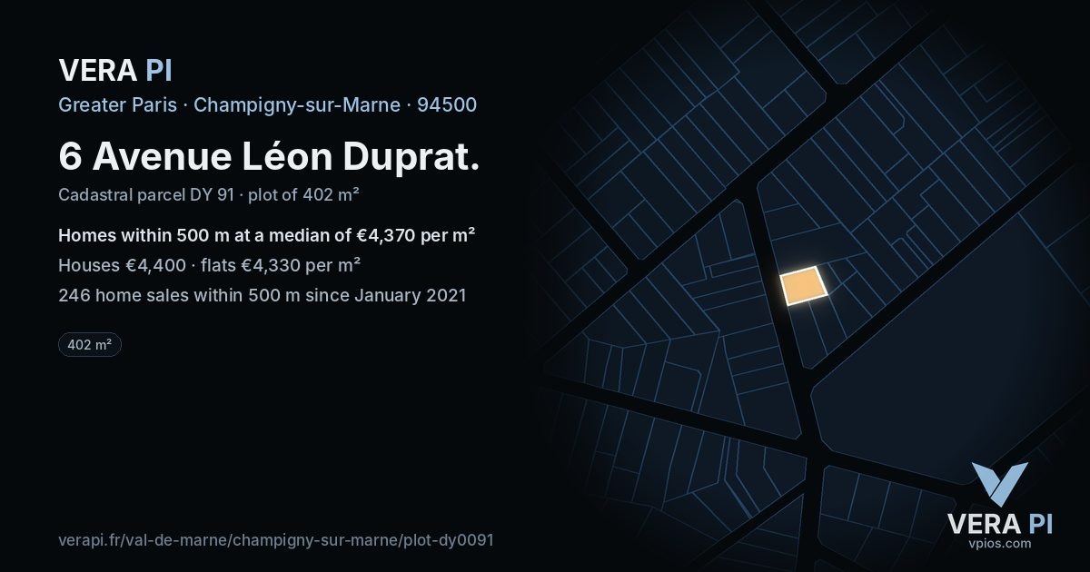 6 Avenue Léon Duprat, Champigny-sur-Marne at night – the plot lit, the parcels around coloured by the prices near them