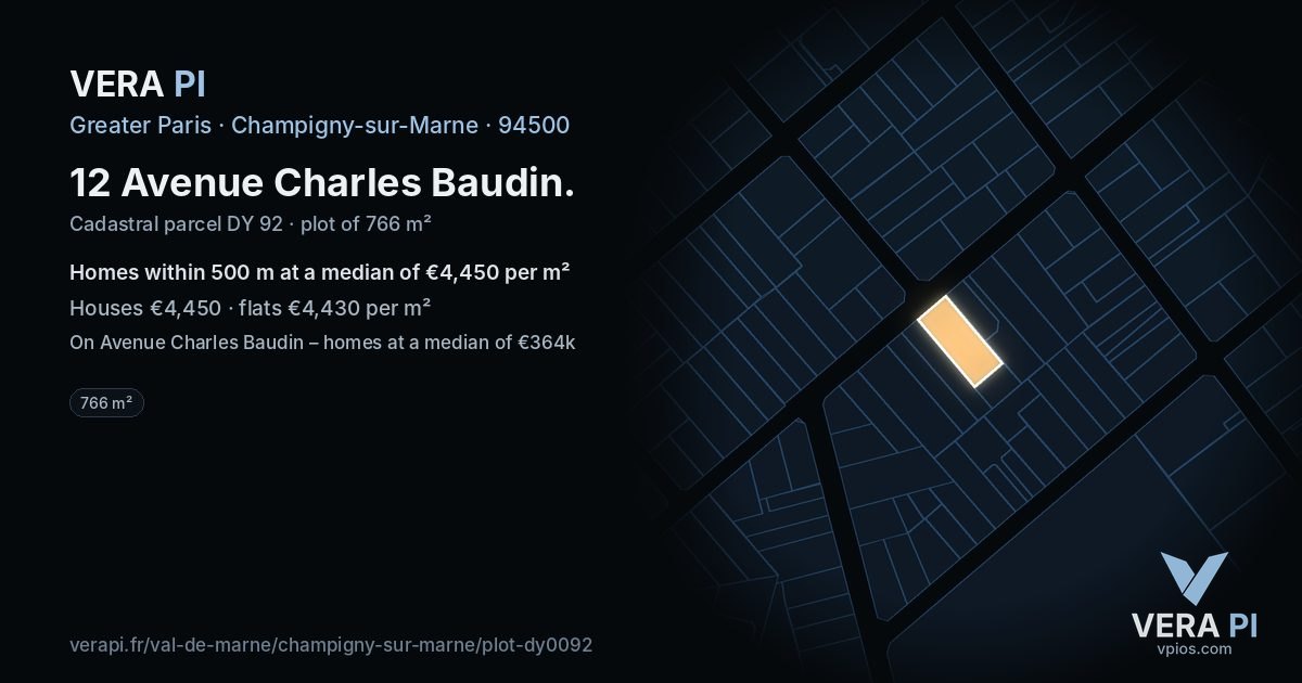 12 Avenue Charles Baudin, Champigny-sur-Marne at night – the plot lit, the parcels around coloured by the prices near them