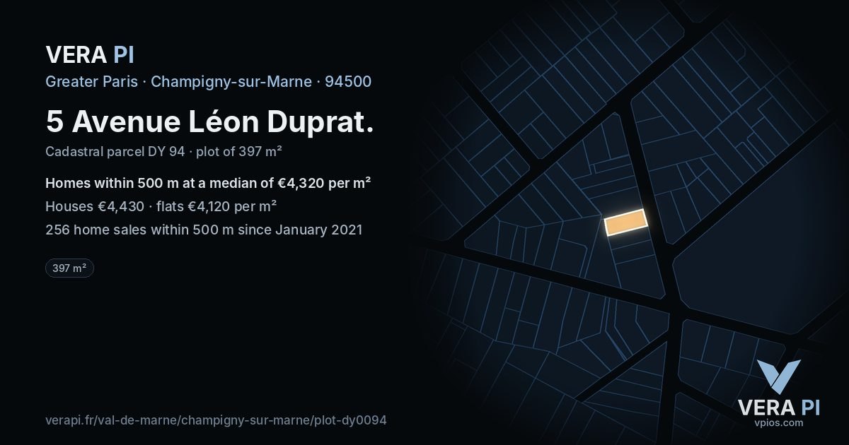 5 Avenue Léon Duprat, Champigny-sur-Marne at night – the plot lit, the parcels around coloured by the prices near them