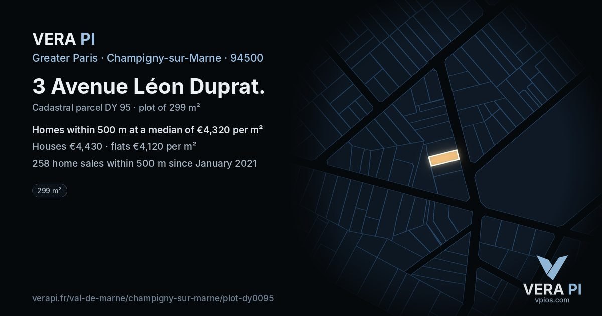 3 Avenue Léon Duprat, Champigny-sur-Marne at night – the plot lit, the parcels around coloured by the prices near them