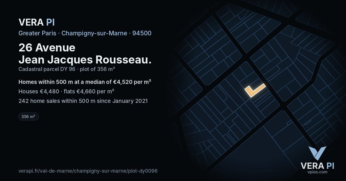26 Avenue Jean Jacques Rousseau, Champigny-sur-Marne at night – the plot lit, the parcels around coloured by the prices near them
