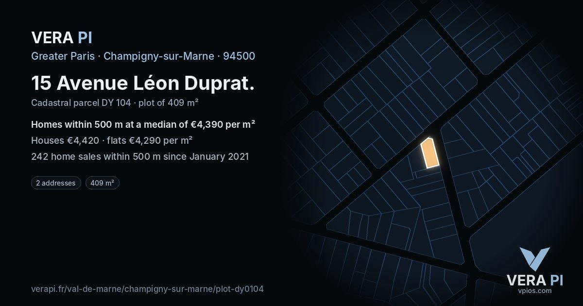 15 Avenue Léon Duprat, Champigny-sur-Marne at night – the plot lit, the parcels around coloured by the prices near them