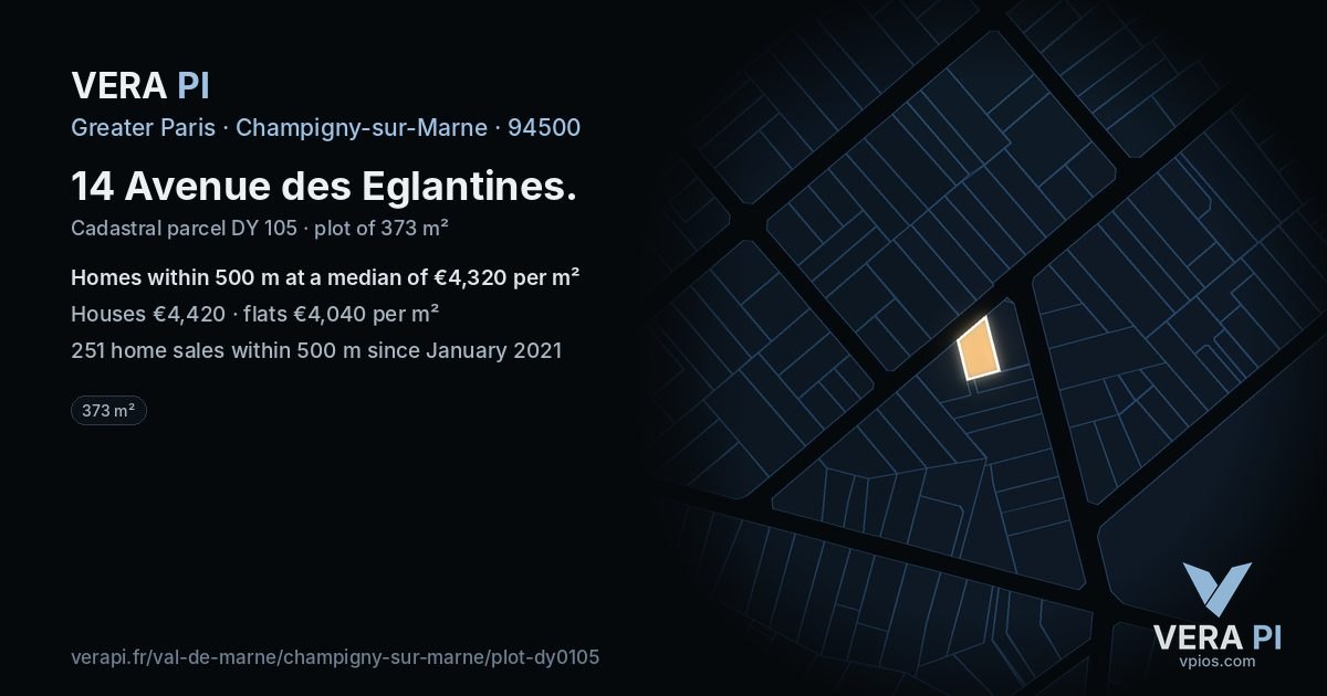 14 Avenue des Eglantines, Champigny-sur-Marne at night – the plot lit, the parcels around coloured by the prices near them