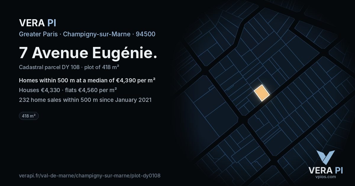 7 Avenue Eugénie, Champigny-sur-Marne at night – the plot lit, the parcels around coloured by the prices near them