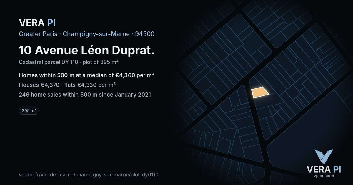 10 Avenue Léon Duprat, Champigny-sur-Marne at night – the plot lit, the parcels around coloured by the prices near them