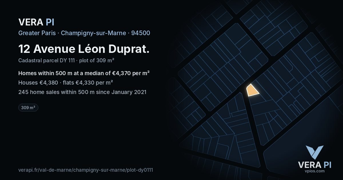 12 Avenue Léon Duprat, Champigny-sur-Marne at night – the plot lit, the parcels around coloured by the prices near them
