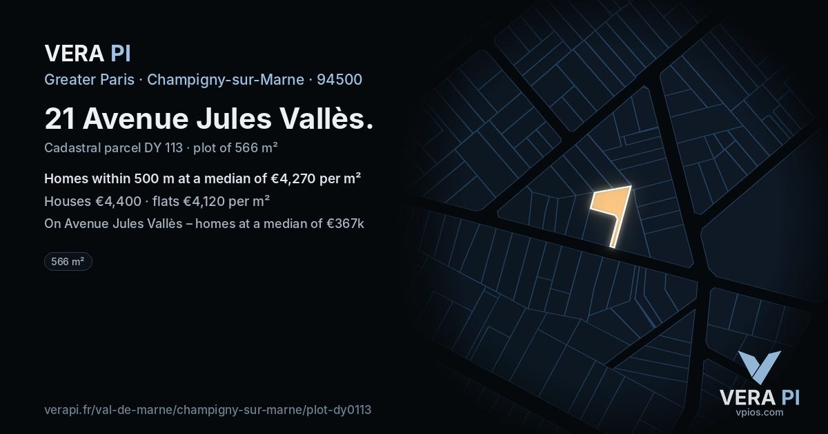 21 Avenue Jules Vallès, Champigny-sur-Marne at night – the plot lit, the parcels around coloured by the prices near them