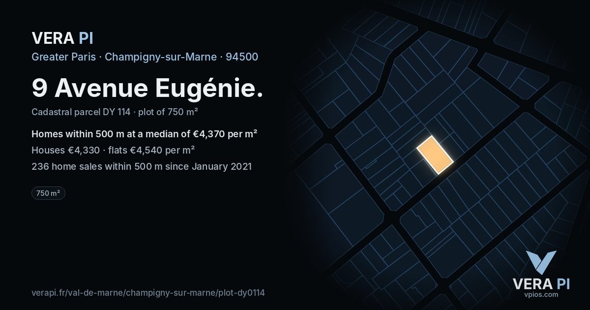 9 Avenue Eugénie, Champigny-sur-Marne at night – the plot lit, the parcels around coloured by the prices near them