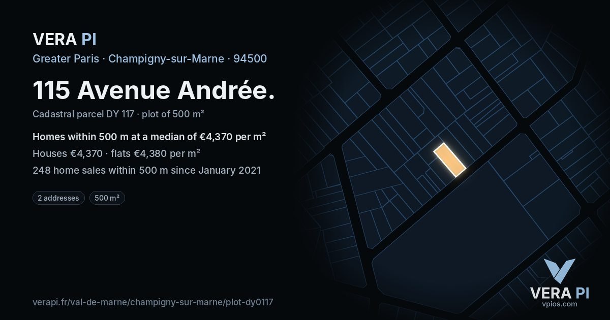 115 Avenue Andrée, Champigny-sur-Marne at night – the plot lit, the parcels around coloured by the prices near them