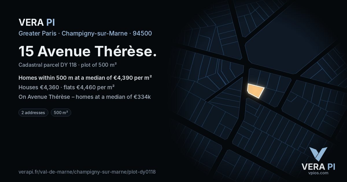 15 Avenue Thérèse, Champigny-sur-Marne at night – the plot lit, the parcels around coloured by the prices near them