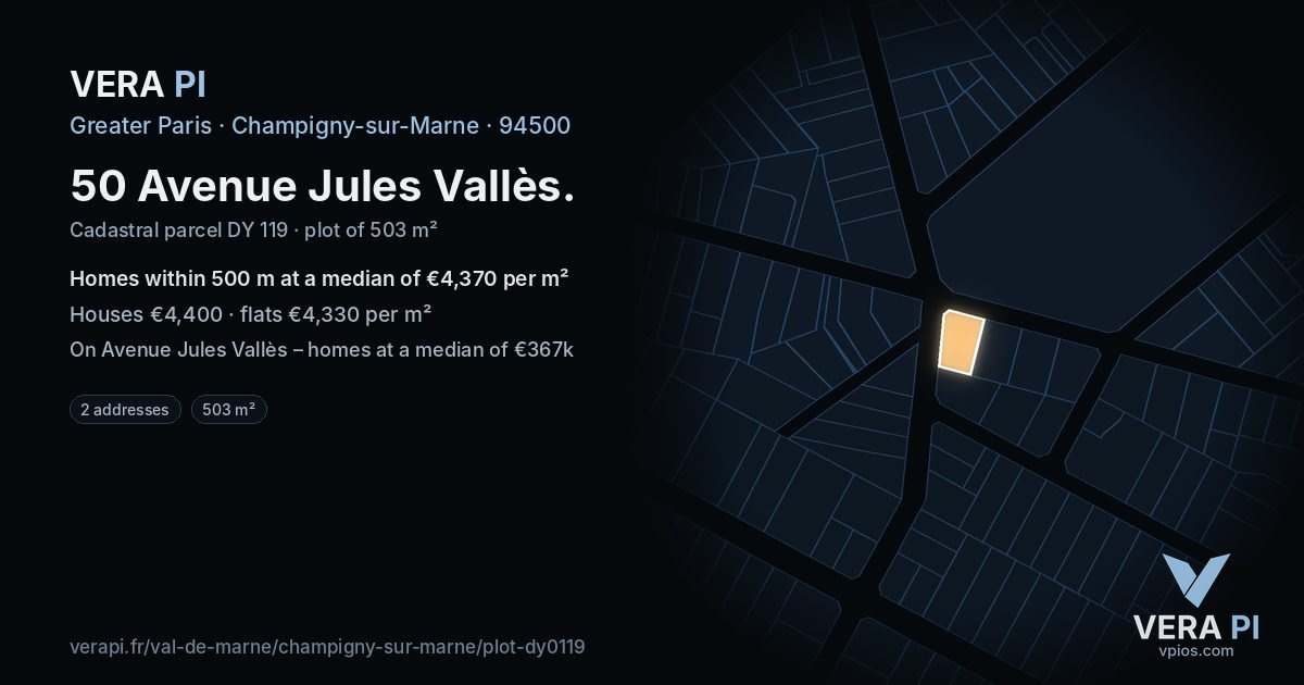 50 Avenue Jules Vallès, Champigny-sur-Marne at night – the plot lit, the parcels around coloured by the prices near them