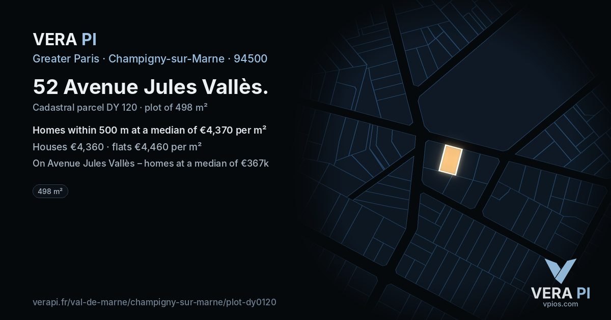 52 Avenue Jules Vallès, Champigny-sur-Marne at night – the plot lit, the parcels around coloured by the prices near them