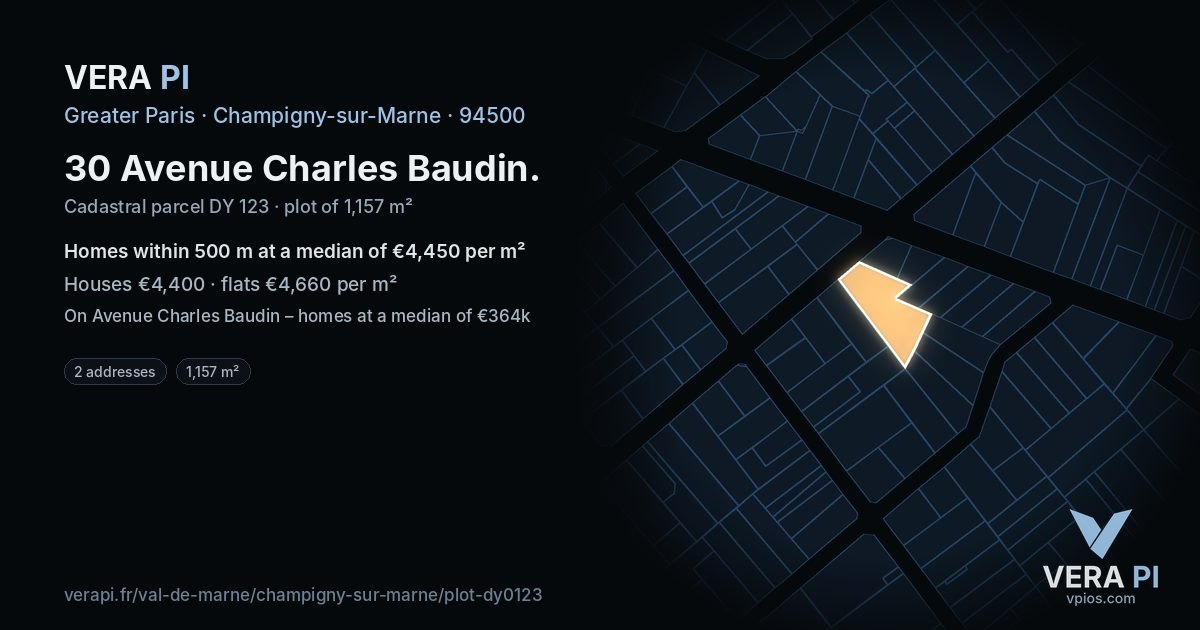 30 Avenue Charles Baudin, Champigny-sur-Marne at night – the plot lit, the parcels around coloured by the prices near them