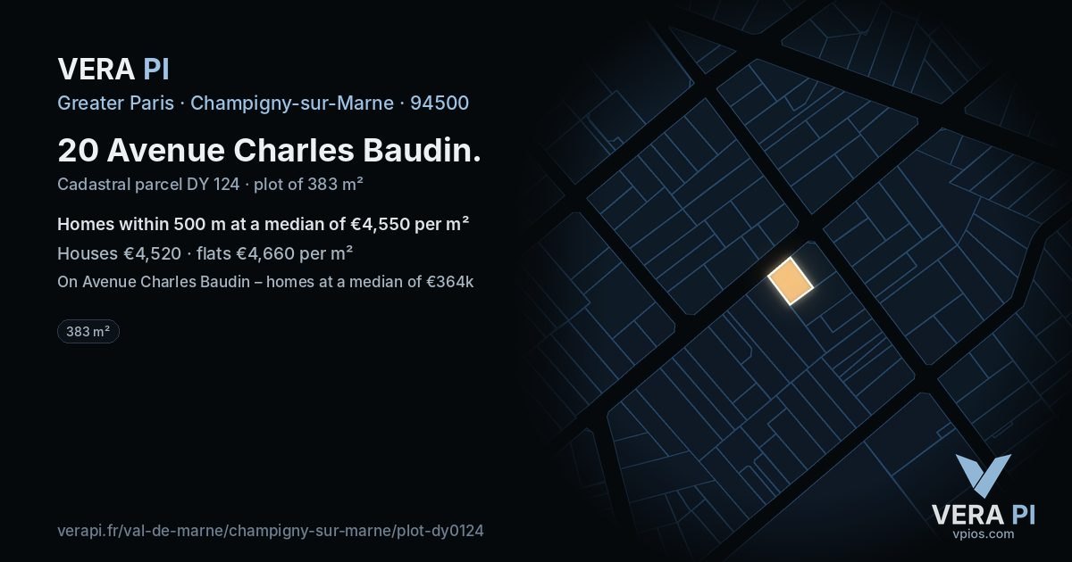 20 Avenue Charles Baudin, Champigny-sur-Marne at night – the plot lit, the parcels around coloured by the prices near them