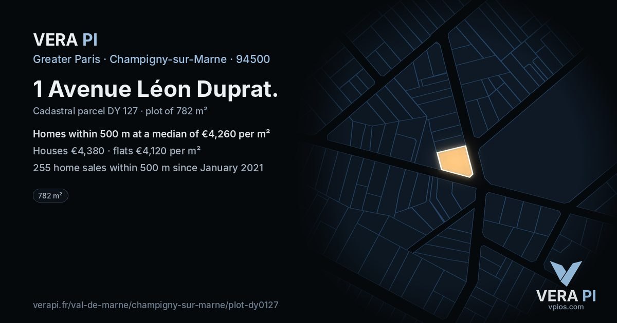 1 Avenue Léon Duprat, Champigny-sur-Marne at night – the plot lit, the parcels around coloured by the prices near them