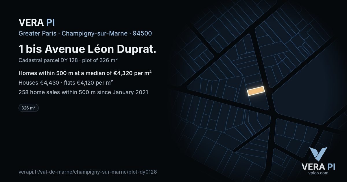 1 bis Avenue Léon Duprat, Champigny-sur-Marne at night – the plot lit, the parcels around coloured by the prices near them