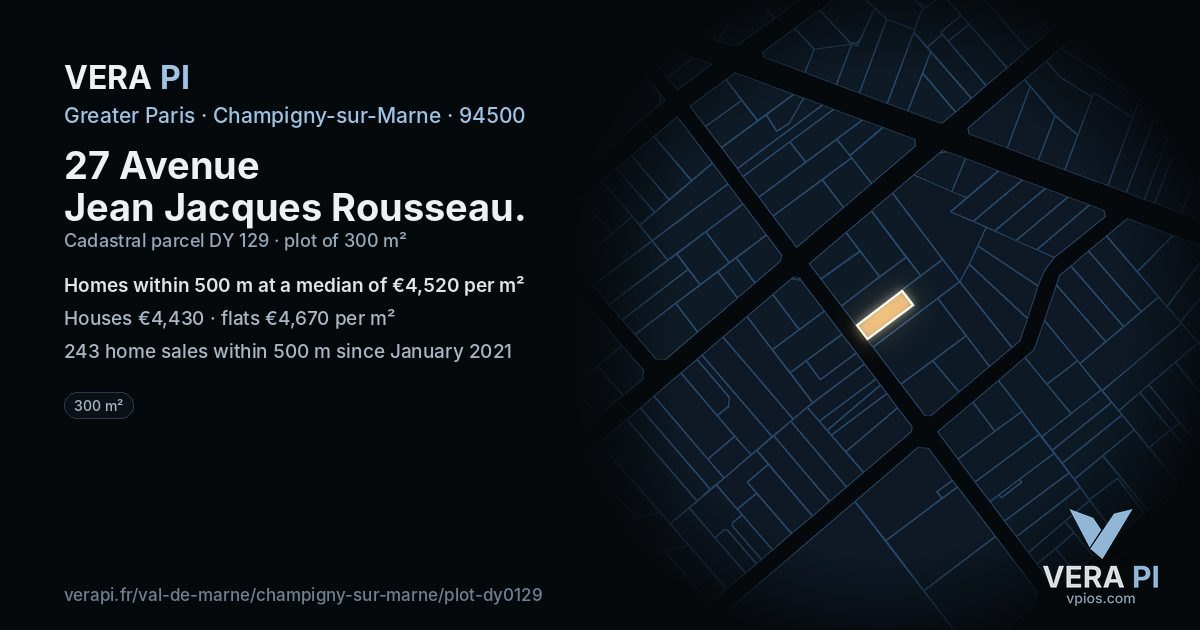 27 Avenue Jean Jacques Rousseau, Champigny-sur-Marne at night – the plot lit, the parcels around coloured by the prices near them