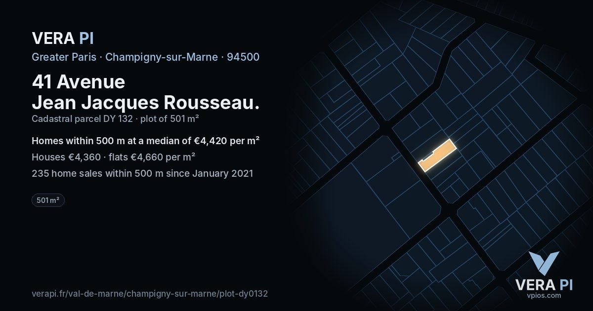 41 Avenue Jean Jacques Rousseau, Champigny-sur-Marne at night – the plot lit, the parcels around coloured by the prices near them