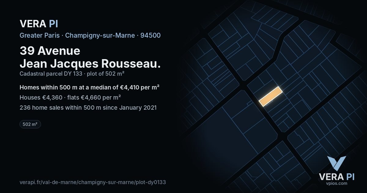 39 Avenue Jean Jacques Rousseau, Champigny-sur-Marne at night – the plot lit, the parcels around coloured by the prices near them