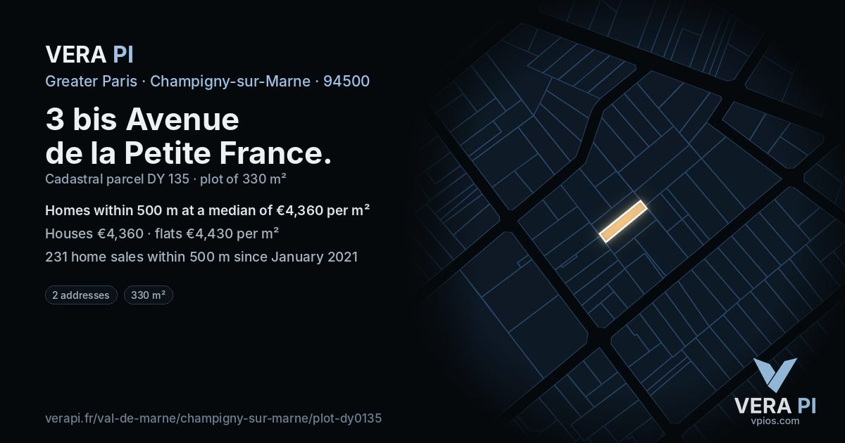 3 bis Avenue de la Petite France, Champigny-sur-Marne at night – the plot lit, the parcels around coloured by the prices near them