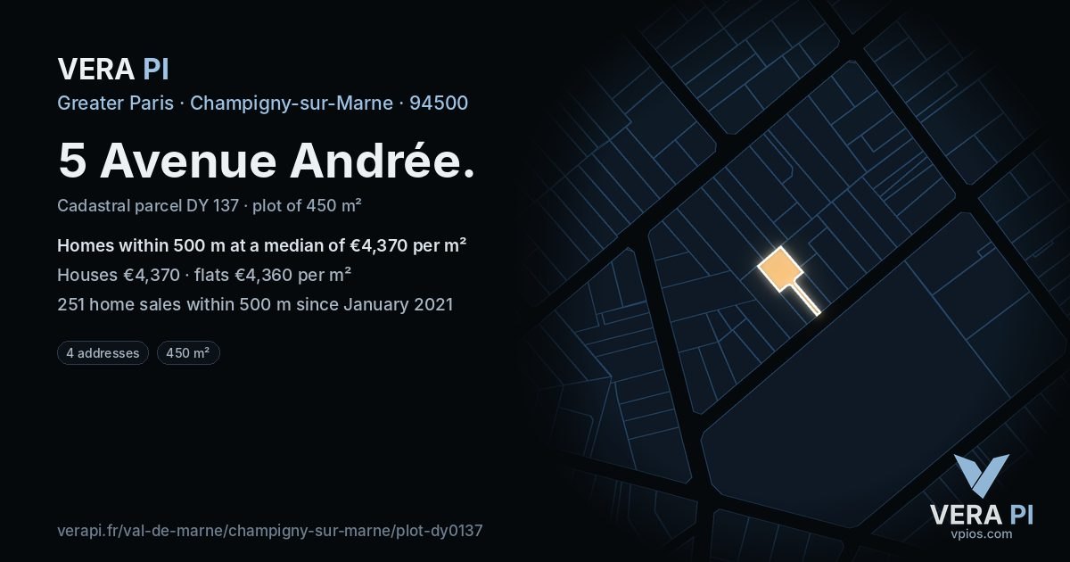5 Avenue Andrée, Champigny-sur-Marne at night – the plot lit, the parcels around coloured by the prices near them