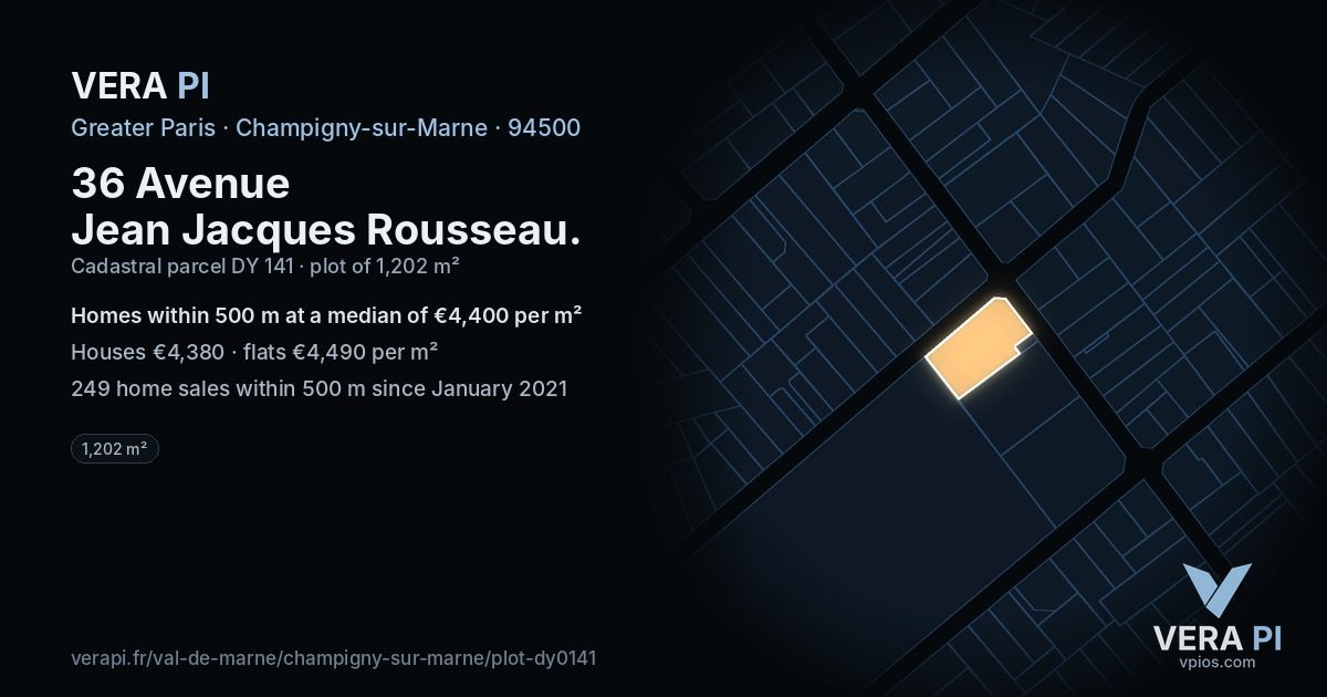 36 Avenue Jean Jacques Rousseau, Champigny-sur-Marne at night – the plot lit, the parcels around coloured by the prices near them