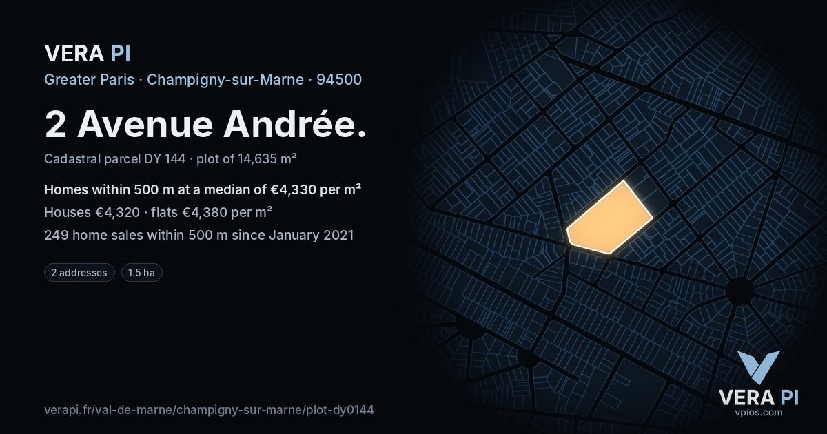 2 Avenue Andrée, Champigny-sur-Marne at night – the plot lit, the parcels around coloured by the prices near them