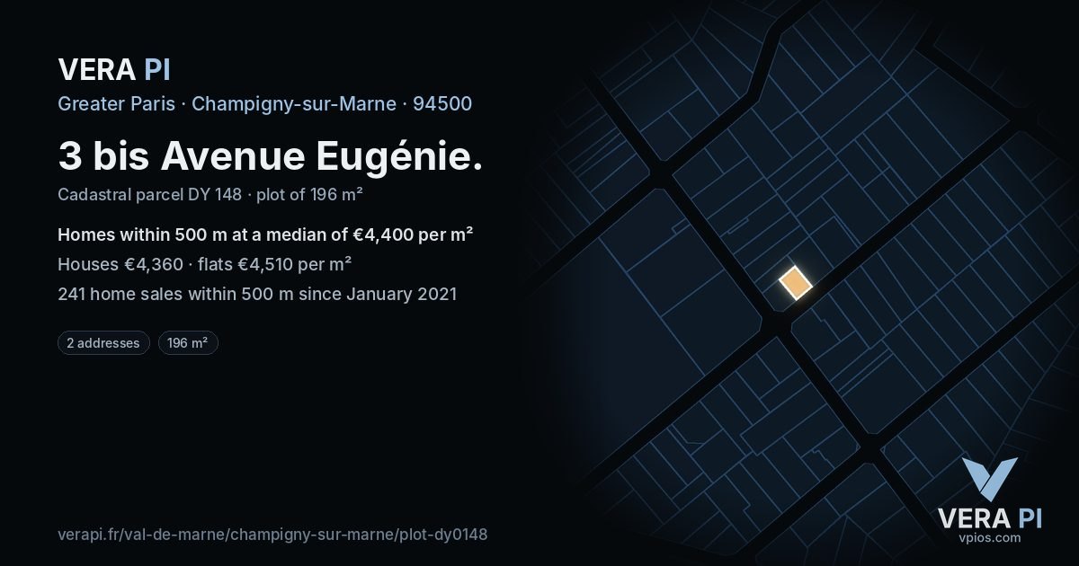 3 bis Avenue Eugénie, Champigny-sur-Marne at night – the plot lit, the parcels around coloured by the prices near them