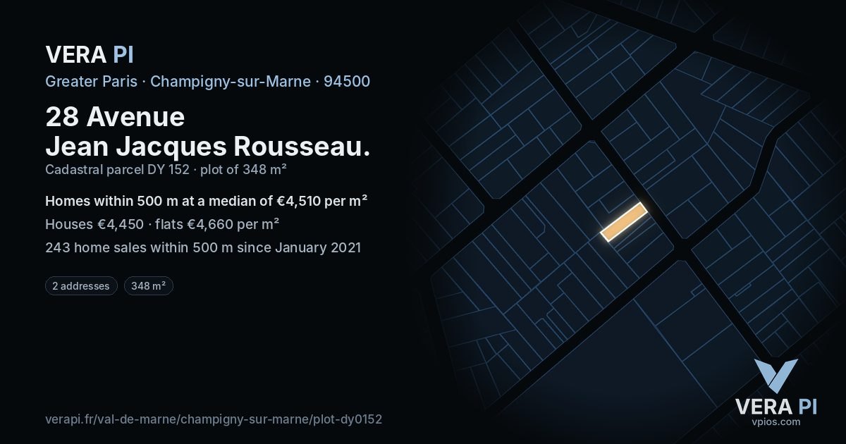28 Avenue Jean Jacques Rousseau, Champigny-sur-Marne at night – the plot lit, the parcels around coloured by the prices near them