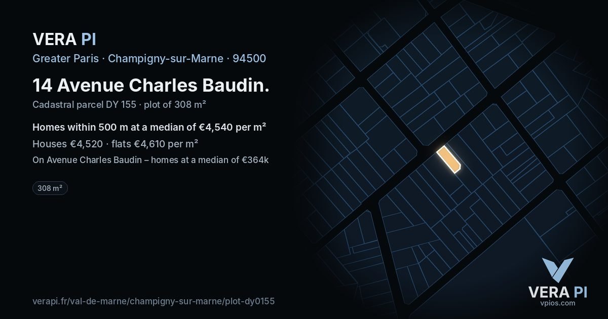 14 Avenue Charles Baudin, Champigny-sur-Marne at night – the plot lit, the parcels around coloured by the prices near them