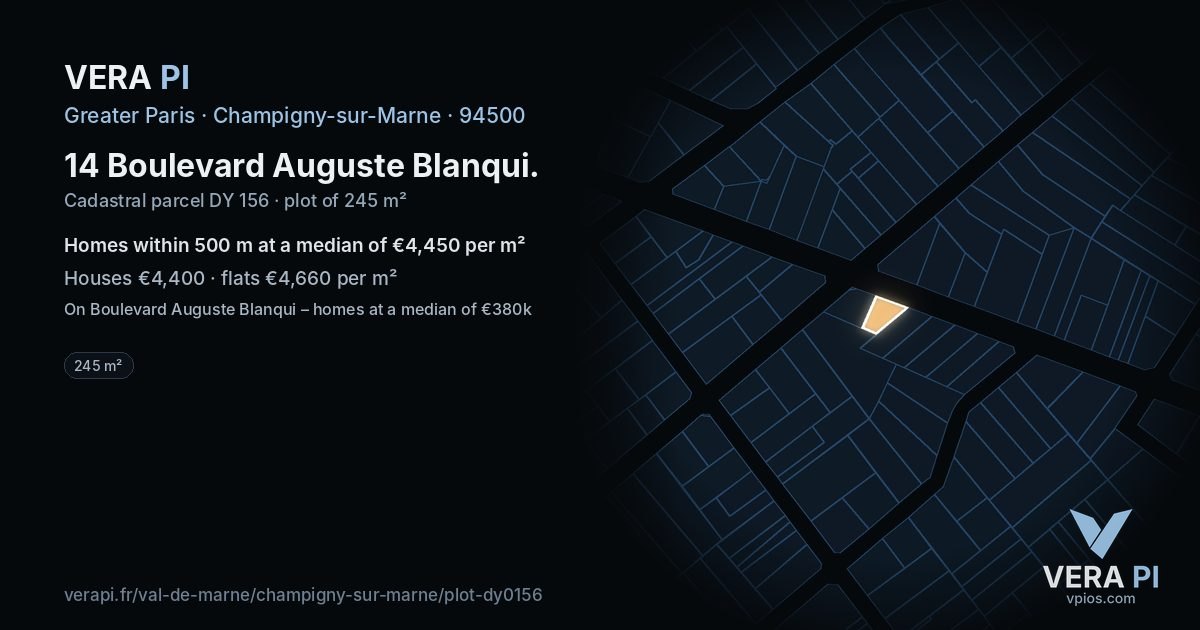 14 Boulevard Auguste Blanqui, Champigny-sur-Marne at night – the plot lit, the parcels around coloured by the prices near them