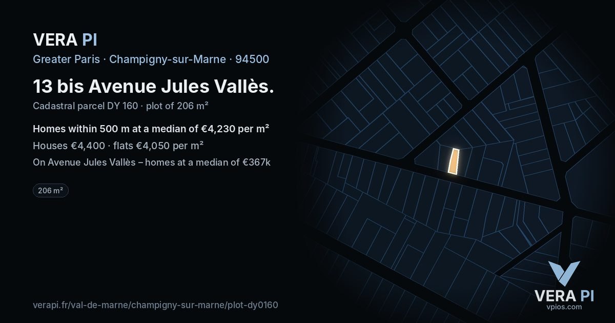 13 bis Avenue Jules Vallès, Champigny-sur-Marne at night – the plot lit, the parcels around coloured by the prices near them