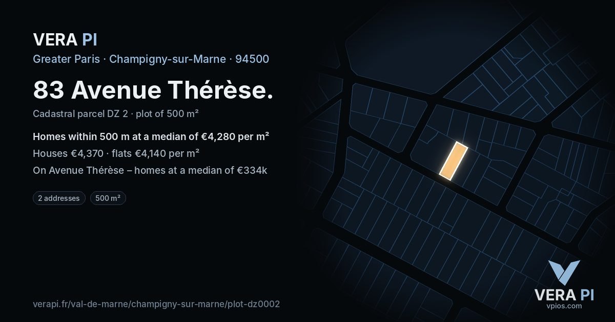 83 Avenue Thérèse, Champigny-sur-Marne at night – the plot lit, the parcels around coloured by the prices near them