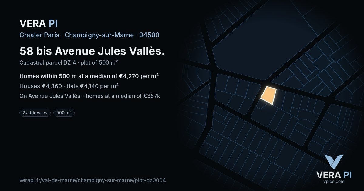 58 bis Avenue Jules Vallès, Champigny-sur-Marne at night – the plot lit, the parcels around coloured by the prices near them