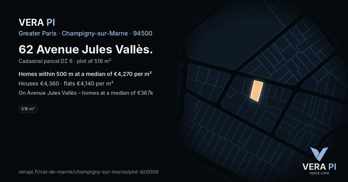 62 Avenue Jules Vallès, Champigny-sur-Marne at night – the plot lit, the parcels around coloured by the prices near them